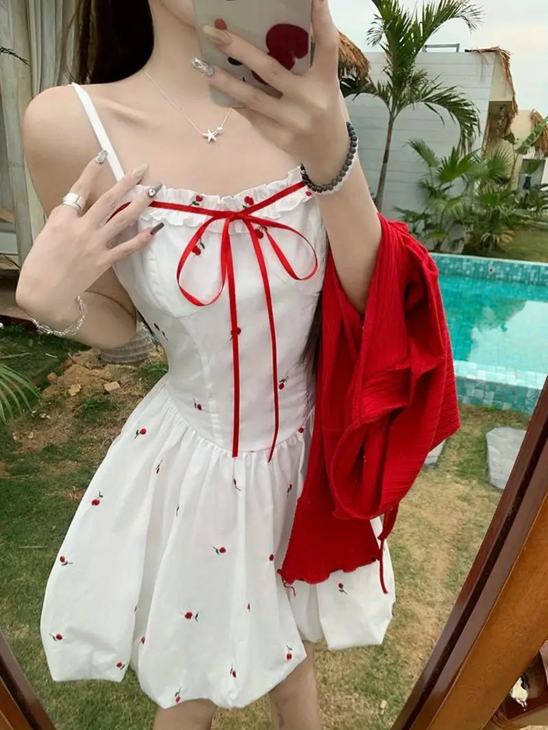 Summer New Sweet Style Red Floral Print Camisole Dress with Waist Tie French Bud Short Skirt for Women