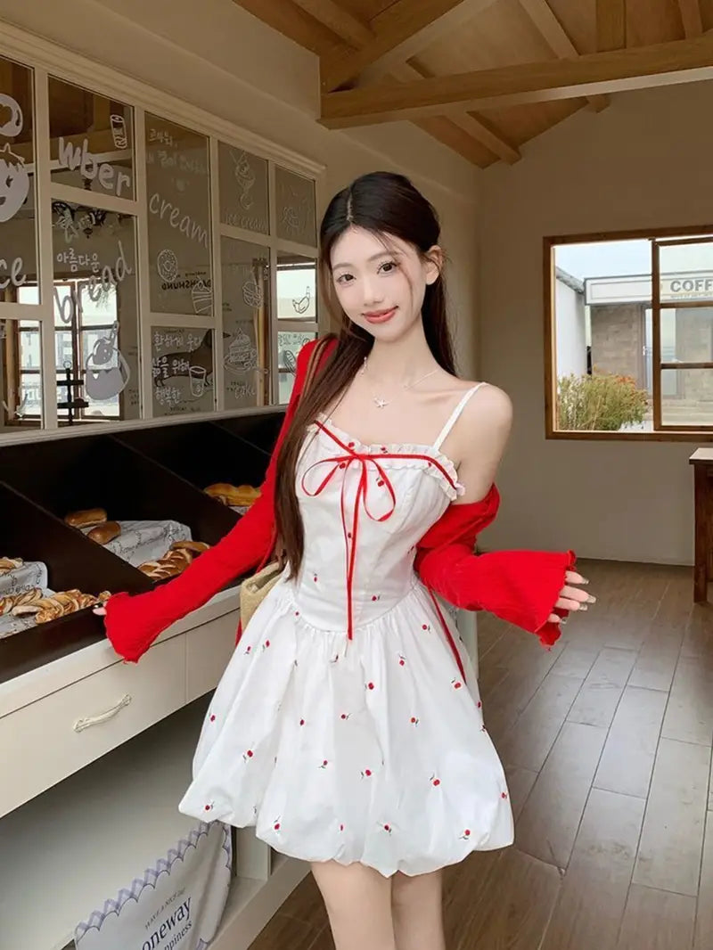 Summer New Sweet Style Red Floral Print Camisole Dress with Waist Tie French Bud Short Skirt for Women