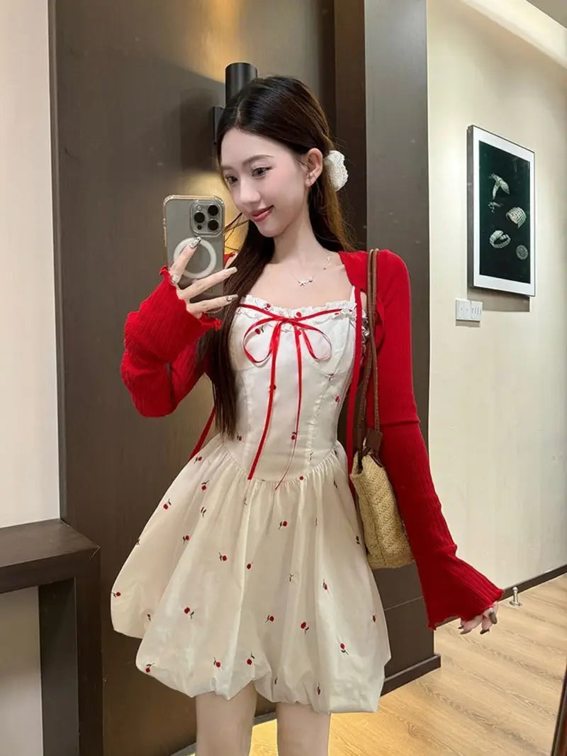 Summer New Sweet Style Red Floral Print Camisole Dress with Waist Tie French Bud Short Skirt for Women