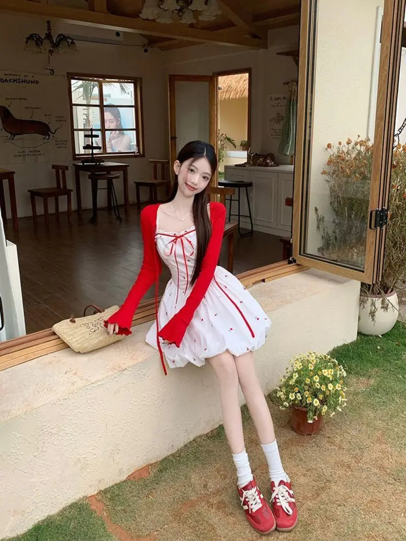 Summer New Sweet Style Red Floral Print Camisole Dress with Waist Tie French Bud Short Skirt for Women
