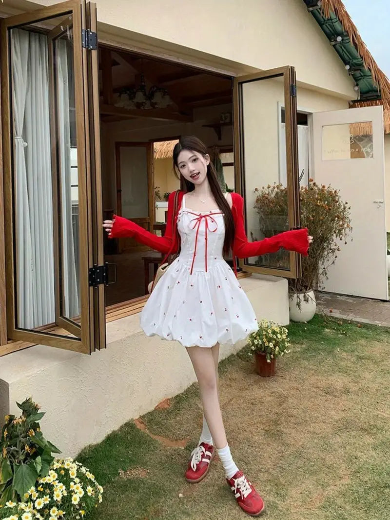 Summer New Sweet Style Red Floral Print Camisole Dress with Waist Tie French Bud Short Skirt for Women
