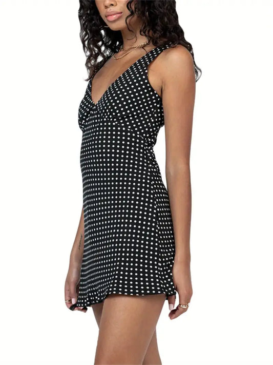 Women Dresses, Sleeveless V Neck Dot Print Casual Club Party High Waist Drawstring Dresses