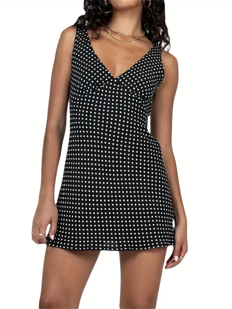Women Dresses, Sleeveless V Neck Dot Print Casual Club Party High Waist Drawstring Dresses