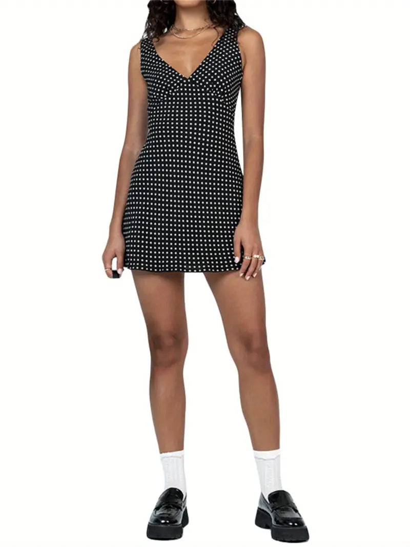 Women Dresses, Sleeveless V Neck Dot Print Casual Club Party High Waist Drawstring Dresses