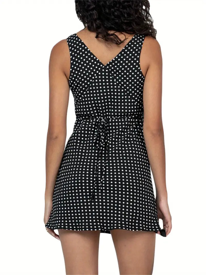 Women Dresses, Sleeveless V Neck Dot Print Casual Club Party High Waist Drawstring Dresses