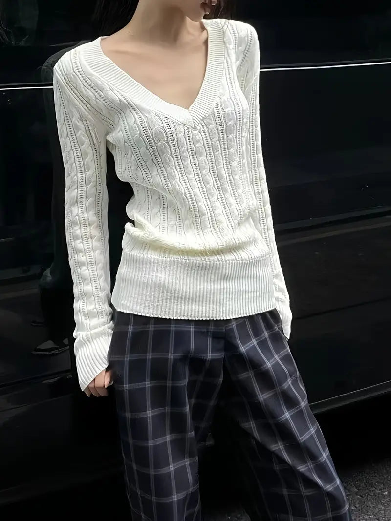 Women'S Elegant V-Neck Cable Sweater - Solid Color Ribbed Cardigan with Long Sleeves, Lightweight & Breathable for Spring/Summer, Perfect for Casual or Office Wear, Versatile Fashion Piece | Vneck Sweater | Texture