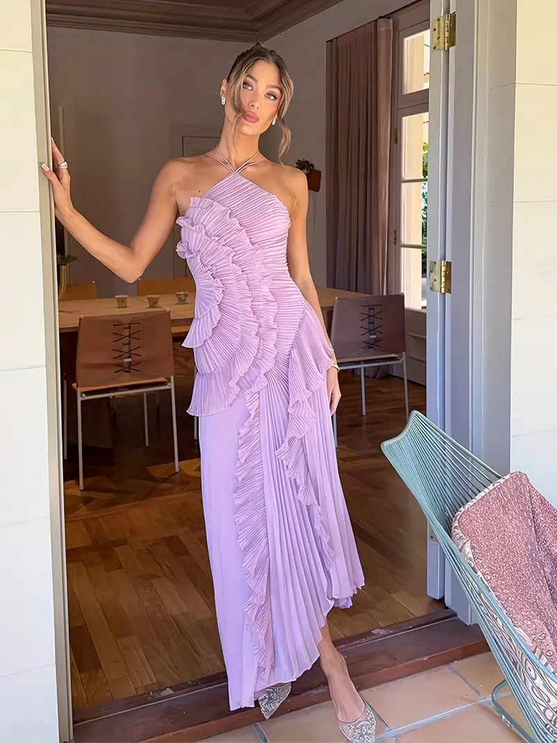 Elegant Ruffle Neck Halter Dress - Sleeveless, Flowing Design, Light Pink, Perfect for Summer Events, Adult Women'S Fashion, Summer Event Dress | Ruffle Neck Dress | Flowing Silhouette, Cute Dresses