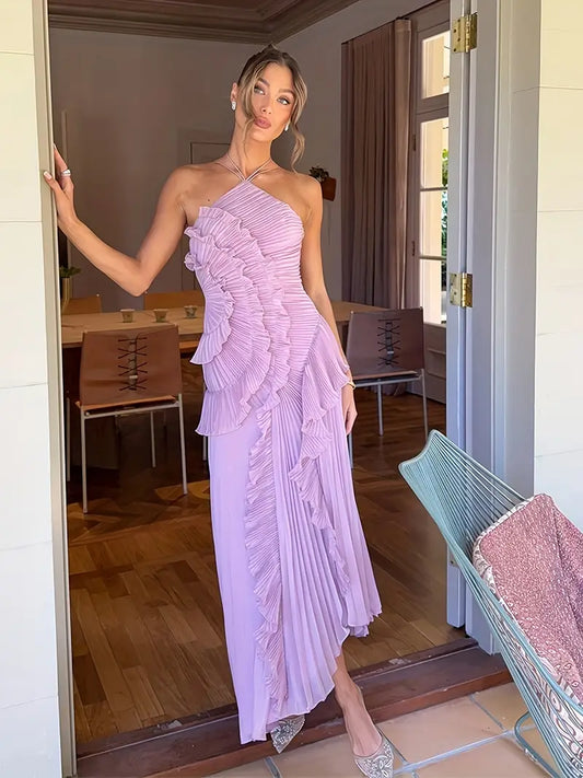 Elegant Ruffle Neck Halter Dress - Sleeveless, Flowing Design, Light Pink, Perfect for Summer Events, Adult Women'S Fashion, Summer Event Dress | Ruffle Neck Dress | Flowing Silhouette, Cute Dresses