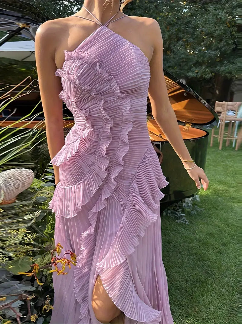 Elegant Ruffle Neck Halter Dress - Sleeveless, Flowing Design, Light Pink, Perfect for Summer Events, Adult Women'S Fashion, Summer Event Dress | Ruffle Neck Dress | Flowing Silhouette, Cute Dresses