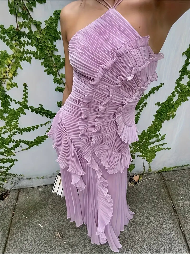 Elegant Ruffle Neck Halter Dress - Sleeveless, Flowing Design, Light Pink, Perfect for Summer Events, Adult Women'S Fashion, Summer Event Dress | Ruffle Neck Dress | Flowing Silhouette, Cute Dresses