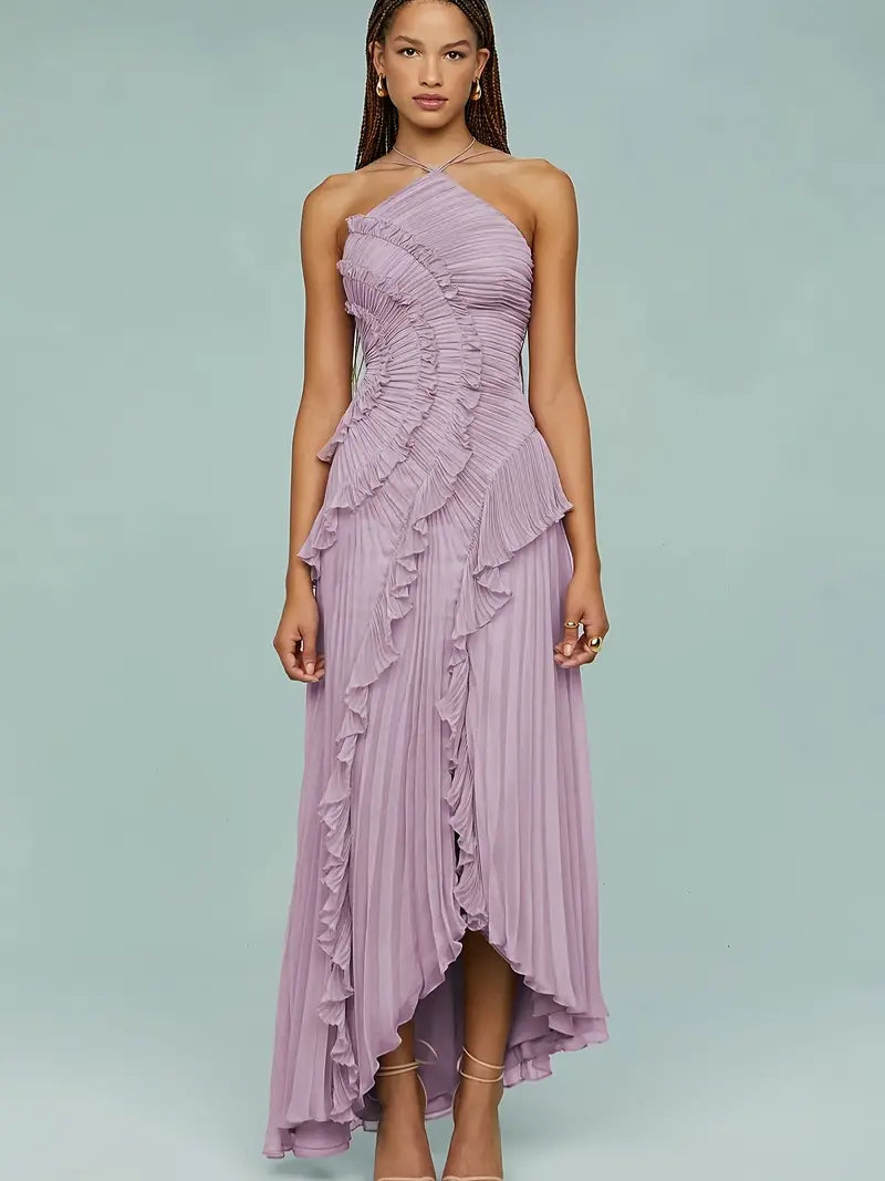 Elegant Ruffle Neck Halter Dress - Sleeveless, Flowing Design, Light Pink, Perfect for Summer Events, Adult Women'S Fashion, Summer Event Dress | Ruffle Neck Dress | Flowing Silhouette, Cute Dresses