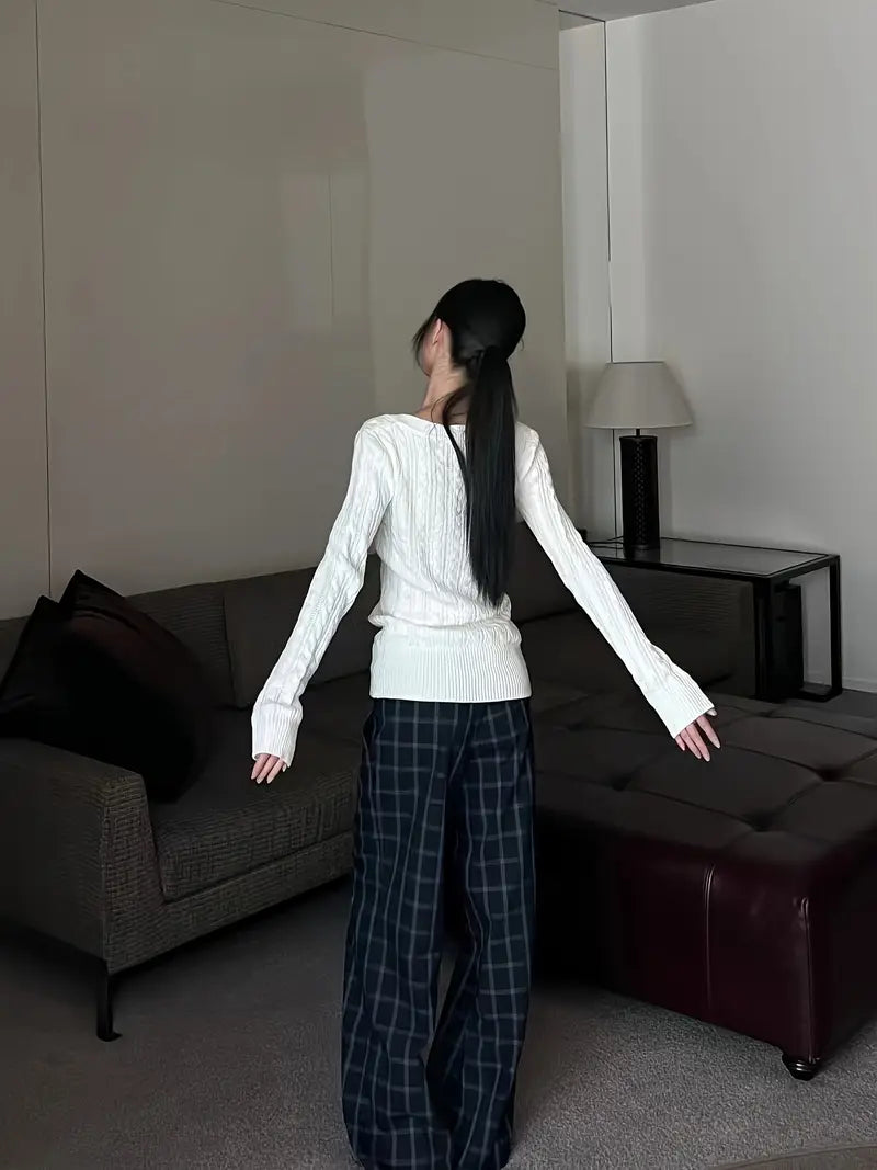 Women'S Elegant V-Neck Cable Sweater - Solid Color Ribbed Cardigan with Long Sleeves, Lightweight & Breathable for Spring/Summer, Perfect for Casual or Office Wear, Versatile Fashion Piece | Vneck Sweater | Texture