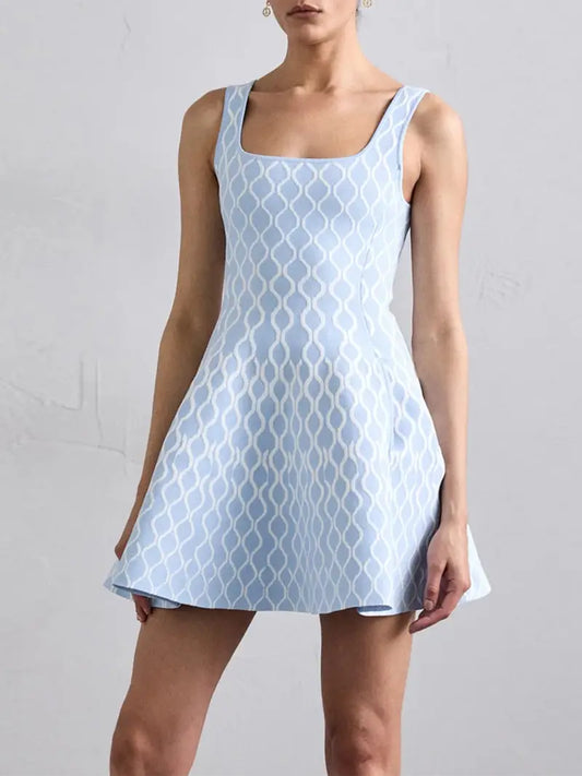 Women's Elegant Sleeveless U-Neck Geometric Print Mini Tank Dress - High Elasticity Summer Cocktail Dress with Pockets, Versatile for Casual & Formal Occasions, Tank Top Dresses, Easycare Fabric