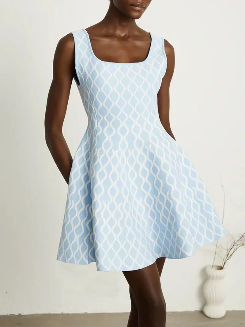 Women's Elegant Sleeveless U-Neck Geometric Print Mini Tank Dress - High Elasticity Summer Cocktail Dress with Pockets, Versatile for Casual & Formal Occasions, Tank Top Dresses, Easycare Fabric