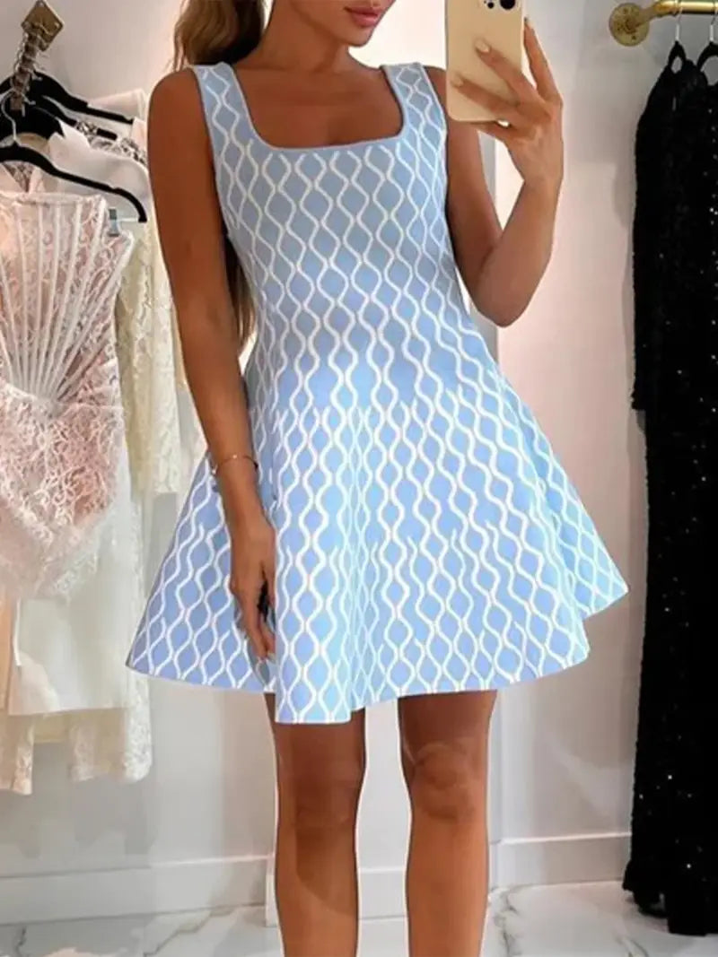 Women's Elegant Sleeveless U-Neck Geometric Print Mini Tank Dress - High Elasticity Summer Cocktail Dress with Pockets, Versatile for Casual & Formal Occasions, Tank Top Dresses, Easycare Fabric