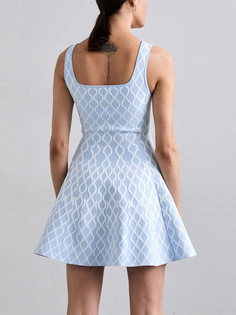 Women's Elegant Sleeveless U-Neck Geometric Print Mini Tank Dress - High Elasticity Summer Cocktail Dress with Pockets, Versatile for Casual & Formal Occasions, Tank Top Dresses, Easycare Fabric