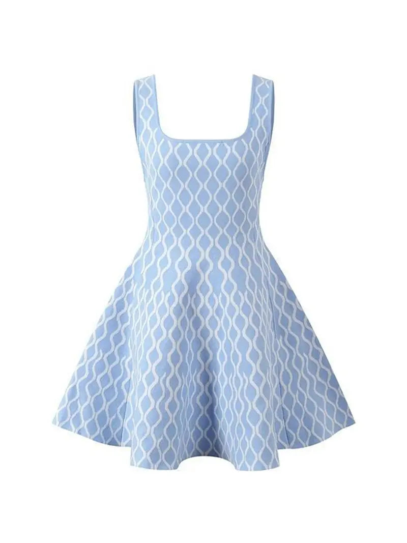 Women's Elegant Sleeveless U-Neck Geometric Print Mini Tank Dress - High Elasticity Summer Cocktail Dress with Pockets, Versatile for Casual & Formal Occasions, Tank Top Dresses, Easycare Fabric