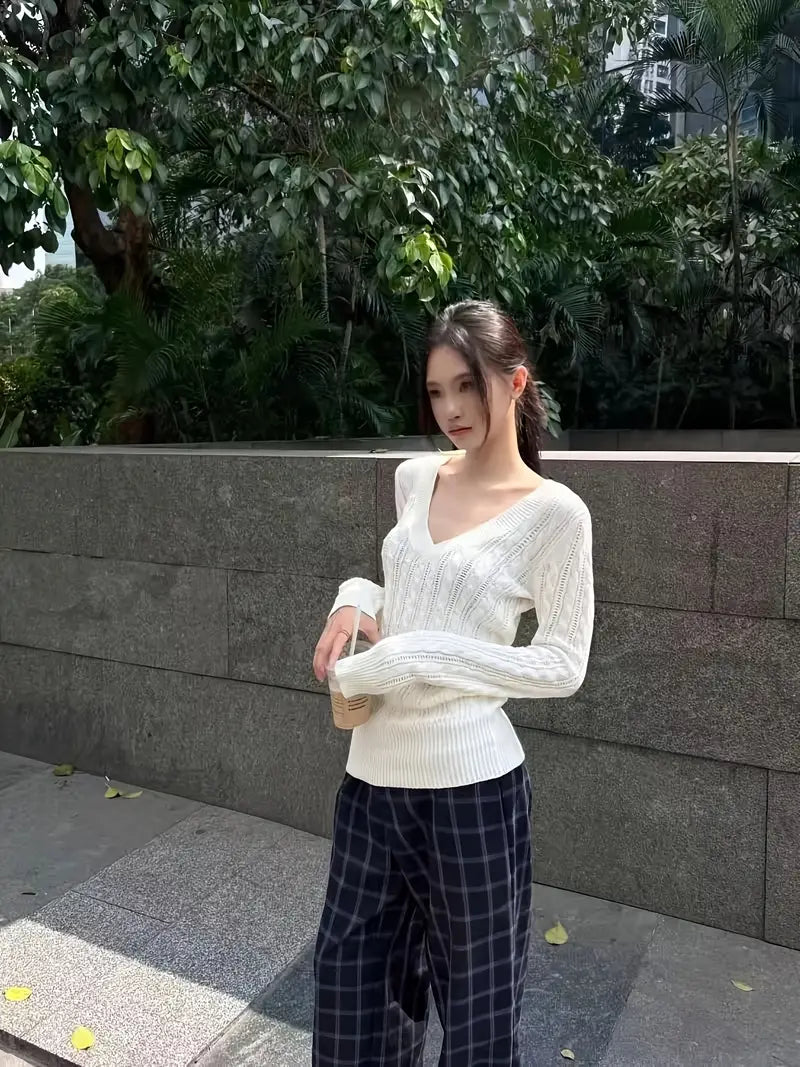 Women'S Elegant V-Neck Cable Sweater - Solid Color Ribbed Cardigan with Long Sleeves, Lightweight & Breathable for Spring/Summer, Perfect for Casual or Office Wear, Versatile Fashion Piece | Vneck Sweater | Texture