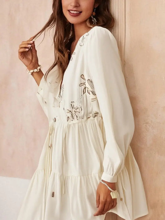 Women's Elegant Palace Style 3D Floral Embellished V-Neck A-Line Dress - Long Sleeve Floor-Length Loose Fit with Layered Hem,Dresses for Women High Quality, Highquality Fabric, Delicate Embroidery