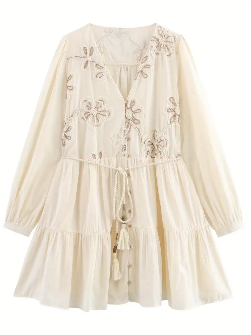 Women's Elegant Palace Style 3D Floral Embellished V-Neck A-Line Dress - Long Sleeve Floor-Length Loose Fit with Layered Hem,Dresses for Women High Quality, Highquality Fabric, Delicate Embroidery