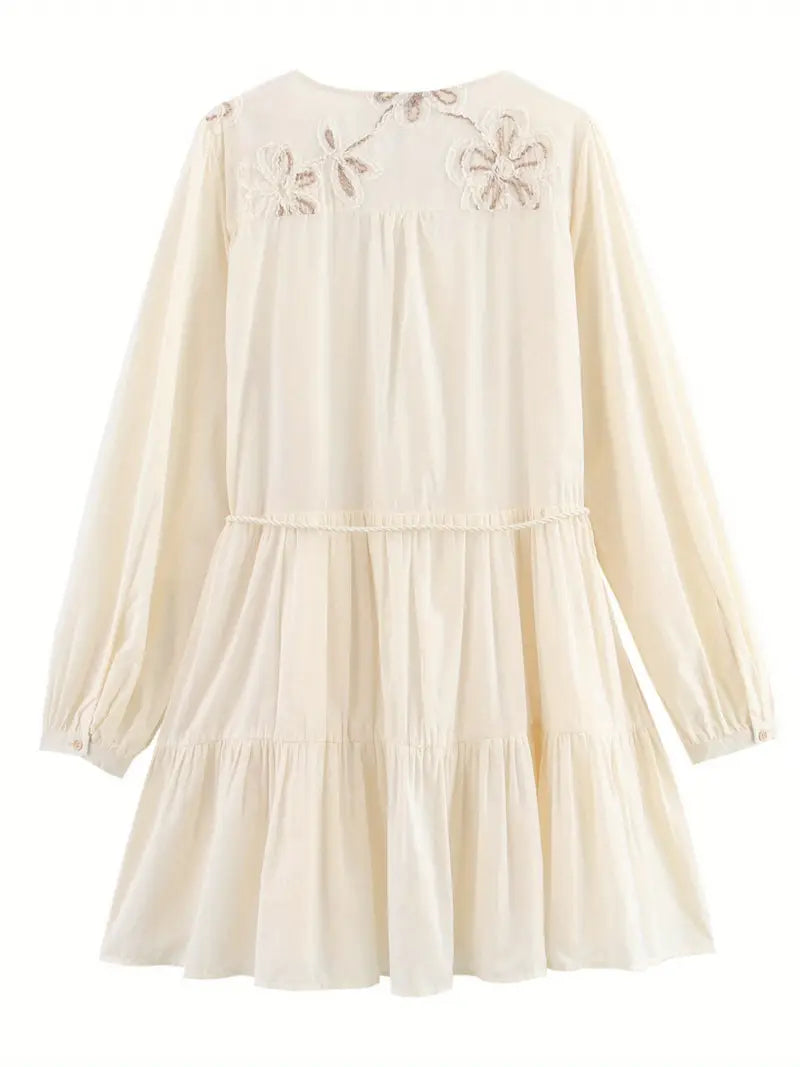 Women's Elegant Palace Style 3D Floral Embellished V-Neck A-Line Dress - Long Sleeve Floor-Length Loose Fit with Layered Hem,Dresses for Women High Quality, Highquality Fabric, Delicate Embroidery