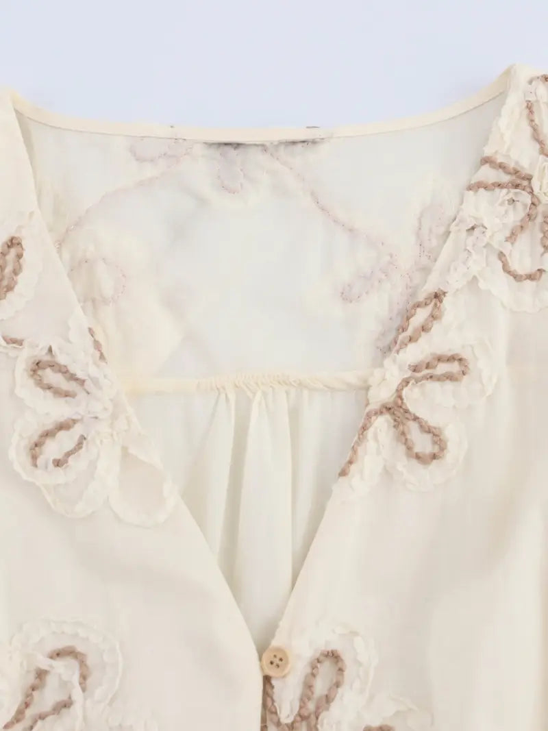 Women's Elegant Palace Style 3D Floral Embellished V-Neck A-Line Dress - Long Sleeve Floor-Length Loose Fit with Layered Hem,Dresses for Women High Quality, Highquality Fabric, Delicate Embroidery
