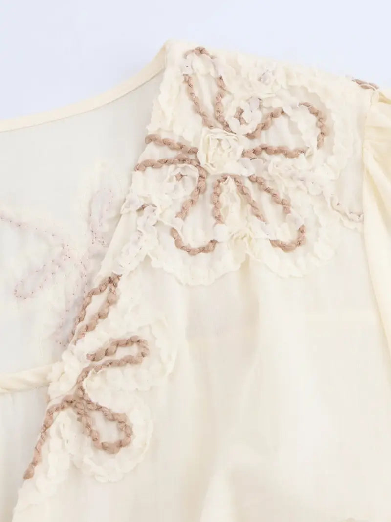 Women's Elegant Palace Style 3D Floral Embellished V-Neck A-Line Dress - Long Sleeve Floor-Length Loose Fit with Layered Hem,Dresses for Women High Quality, Highquality Fabric, Delicate Embroidery