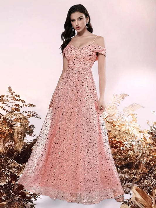 Elegant Off-Shoulder V-Neck Sequin Gown for Women - Sparkling Rose Golden Floor-Length Evening Dress with Beaded Detailing, Perfect for Parties & Formal Events, Formal Evening Gown