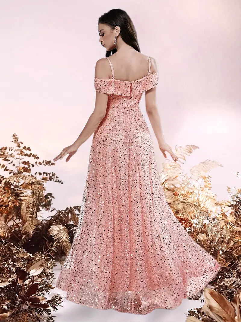 Elegant Off-Shoulder V-Neck Sequin Gown for Women - Sparkling Rose Golden Floor-Length Evening Dress with Beaded Detailing, Perfect for Parties & Formal Events, Formal Evening Gown
