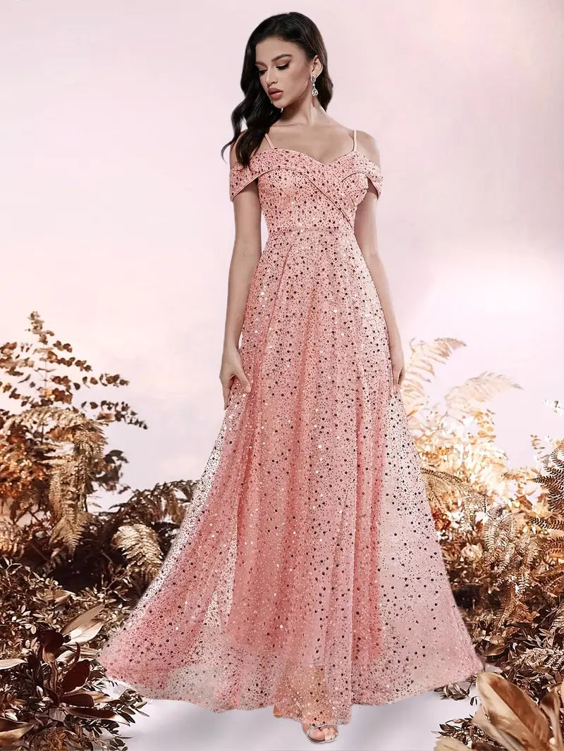 Elegant Off-Shoulder V-Neck Sequin Gown for Women - Sparkling Rose Golden Floor-Length Evening Dress with Beaded Detailing, Perfect for Parties & Formal Events, Formal Evening Gown