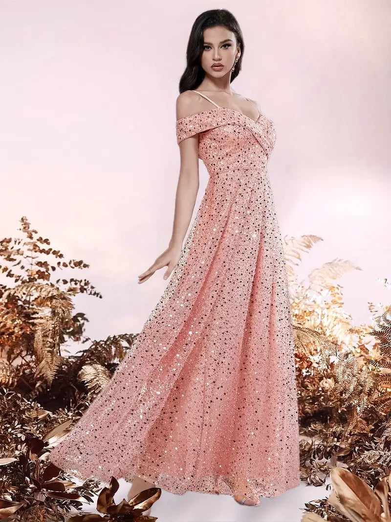 Elegant Off-Shoulder V-Neck Sequin Gown for Women - Sparkling Rose Golden Floor-Length Evening Dress with Beaded Detailing, Perfect for Parties & Formal Events, Formal Evening Gown