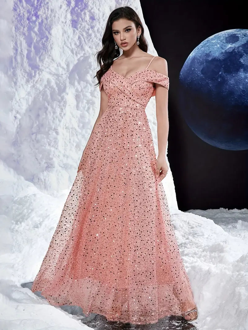 Elegant Off-Shoulder V-Neck Sequin Gown for Women - Sparkling Rose Golden Floor-Length Evening Dress with Beaded Detailing, Perfect for Parties & Formal Events, Formal Evening Gown
