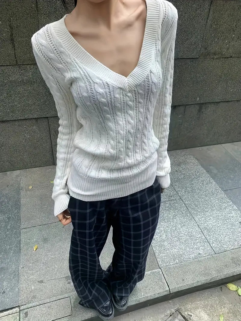 Women'S Elegant V-Neck Cable Sweater - Solid Color Ribbed Cardigan with Long Sleeves, Lightweight & Breathable for Spring/Summer, Perfect for Casual or Office Wear, Versatile Fashion Piece | Vneck Sweater | Texture