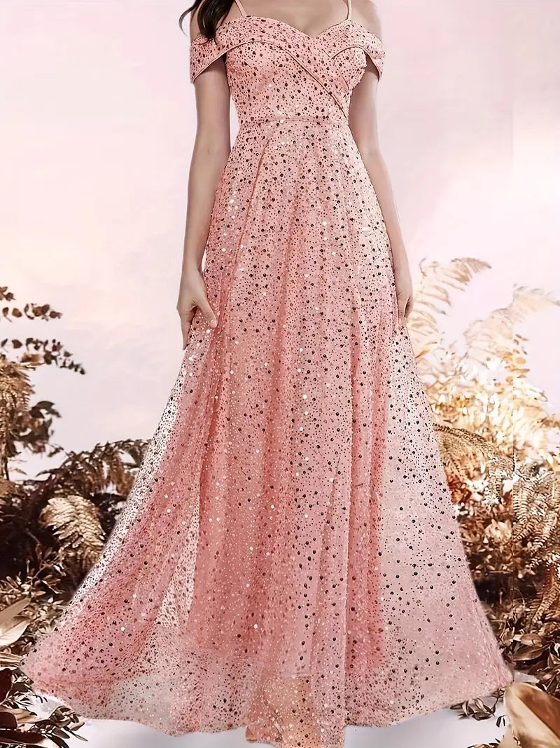 Elegant Off-Shoulder V-Neck Sequin Gown for Women - Sparkling Rose Golden Floor-Length Evening Dress with Beaded Detailing, Perfect for Parties & Formal Events, Formal Evening Gown
