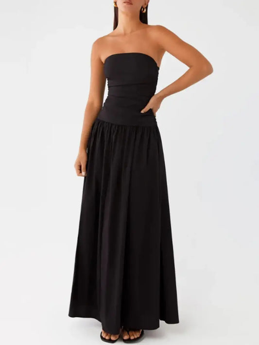 Elegant Off-Shoulder Strapless Long Dress for Women - Ruched Boat Neck, Sleeveless, Flowy A-Line Silhouette, Black & White Vertical Stripes, Perfect for Summer, Elegant Event Wear | Offshoulder Fashion | Ruched Design, Cute Dresses