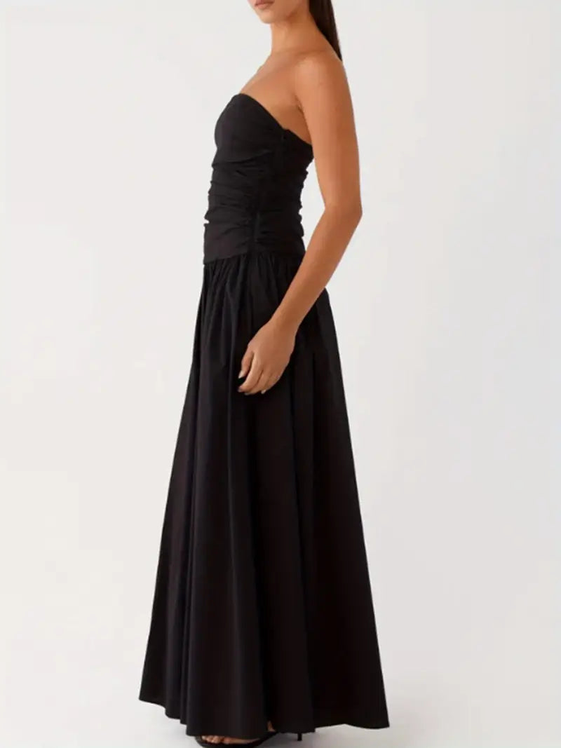 Elegant Off-Shoulder Strapless Long Dress for Women - Ruched Boat Neck, Sleeveless, Flowy A-Line Silhouette, Black & White Vertical Stripes, Perfect for Summer, Elegant Event Wear | Offshoulder Fashion | Ruched Design, Cute Dresses