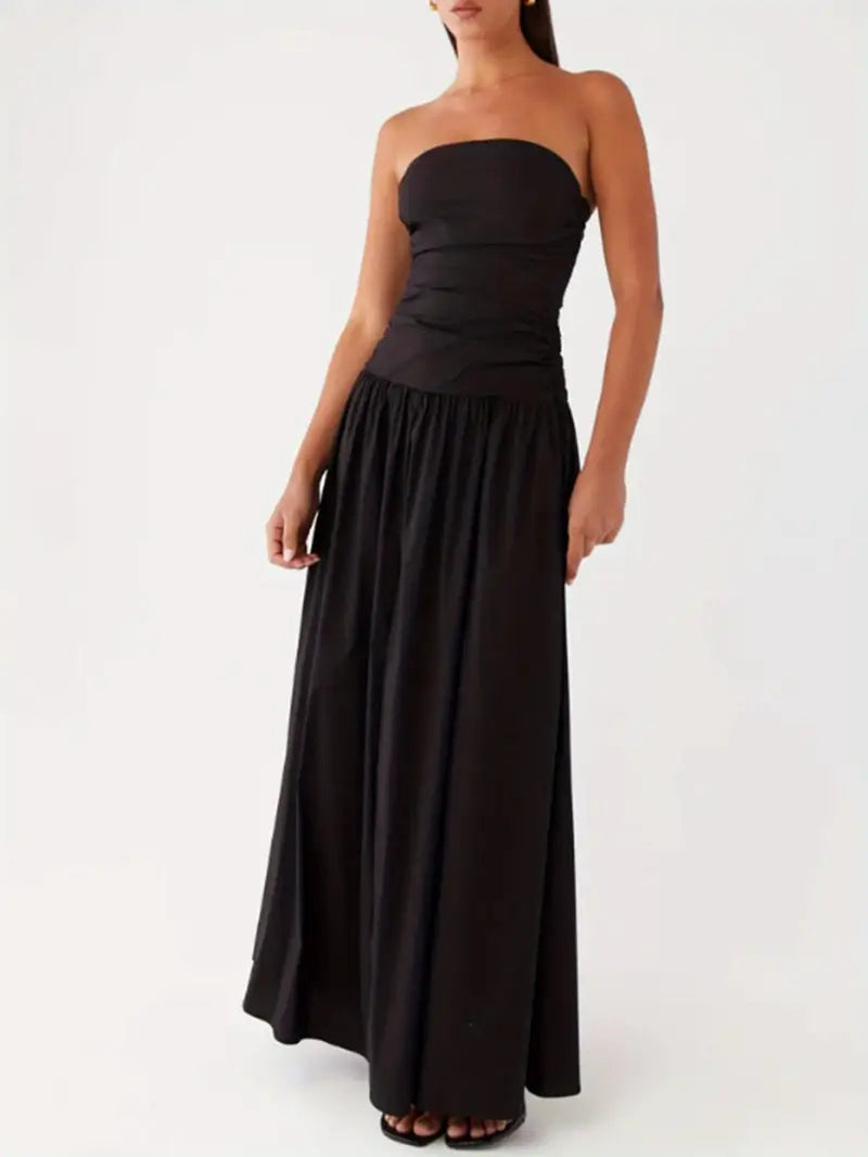 Elegant Off-Shoulder Strapless Long Dress for Women - Ruched Boat Neck, Sleeveless, Flowy A-Line Silhouette, Black & White Vertical Stripes, Perfect for Summer, Elegant Event Wear | Offshoulder Fashion | Ruched Design, Cute Dresses