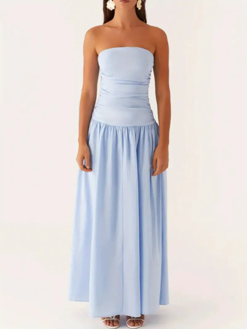 Elegant Off-Shoulder Strapless Long Dress for Women - Ruched Boat Neck, Sleeveless, Flowy A-Line Silhouette, Black & White Vertical Stripes, Perfect for Summer, Elegant Event Wear | Offshoulder Fashion | Ruched Design, Cute Dresses
