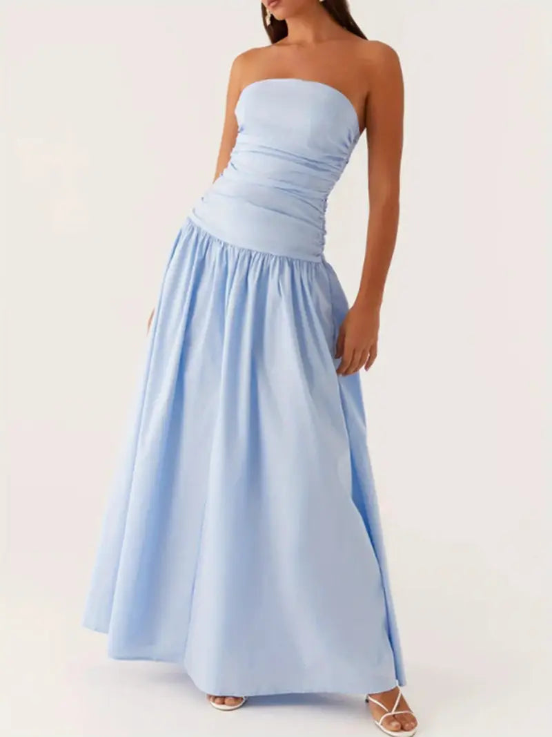 Elegant Off-Shoulder Strapless Long Dress for Women - Ruched Boat Neck, Sleeveless, Flowy A-Line Silhouette, Black & White Vertical Stripes, Perfect for Summer, Elegant Event Wear | Offshoulder Fashion | Ruched Design, Cute Dresses
