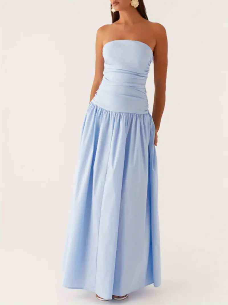 Elegant Off-Shoulder Strapless Long Dress for Women - Ruched Boat Neck, Sleeveless, Flowy A-Line Silhouette, Black & White Vertical Stripes, Perfect for Summer, Elegant Event Wear | Offshoulder Fashion | Ruched Design, Cute Dresses