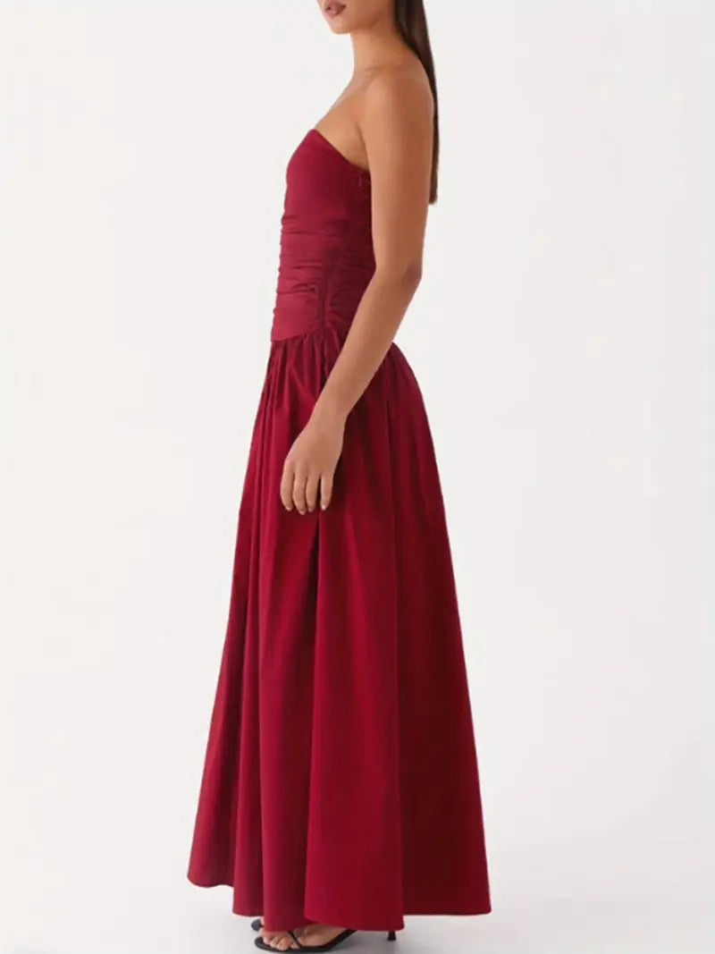 Elegant Off-Shoulder Strapless Long Dress for Women - Ruched Boat Neck, Sleeveless, Flowy A-Line Silhouette, Black & White Vertical Stripes, Perfect for Summer, Elegant Event Wear | Offshoulder Fashion | Ruched Design, Cute Dresses