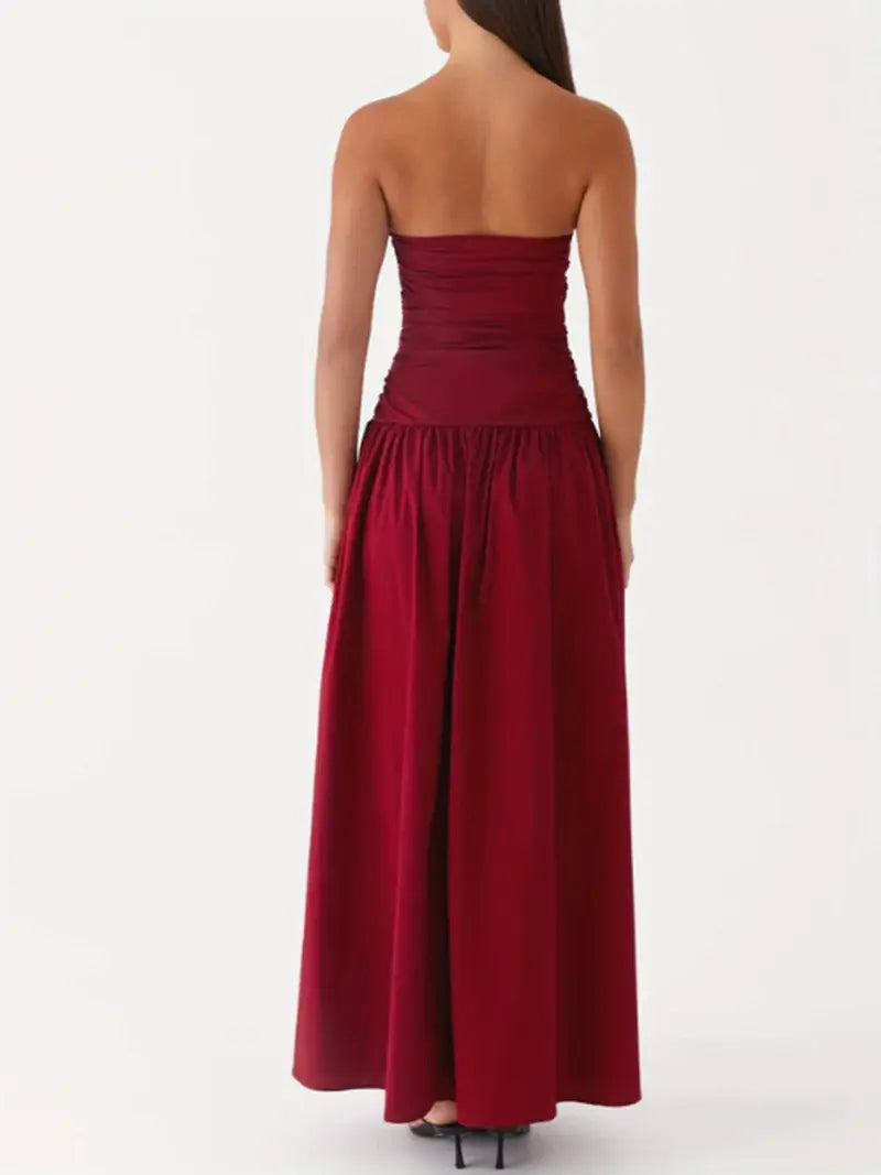 Elegant Off-Shoulder Strapless Long Dress for Women - Ruched Boat Neck, Sleeveless, Flowy A-Line Silhouette, Black & White Vertical Stripes, Perfect for Summer, Elegant Event Wear | Offshoulder Fashion | Ruched Design, Cute Dresses