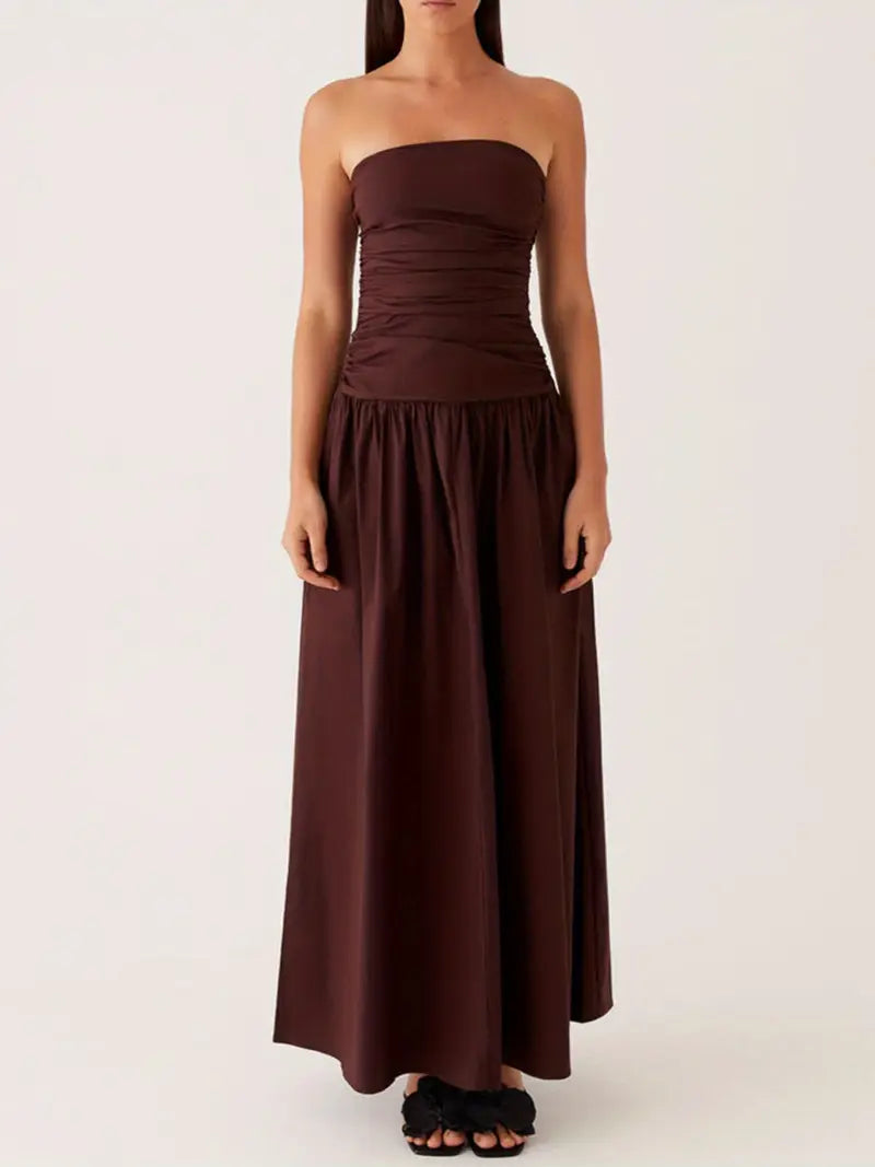 Elegant Off-Shoulder Strapless Long Dress for Women - Ruched Boat Neck, Sleeveless, Flowy A-Line Silhouette, Black & White Vertical Stripes, Perfect for Summer, Elegant Event Wear | Offshoulder Fashion | Ruched Design, Cute Dresses