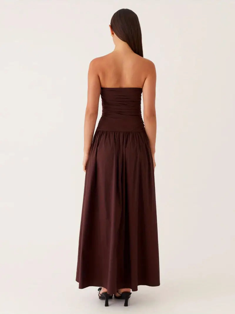 Elegant Off-Shoulder Strapless Long Dress for Women - Ruched Boat Neck, Sleeveless, Flowy A-Line Silhouette, Black & White Vertical Stripes, Perfect for Summer, Elegant Event Wear | Offshoulder Fashion | Ruched Design, Cute Dresses