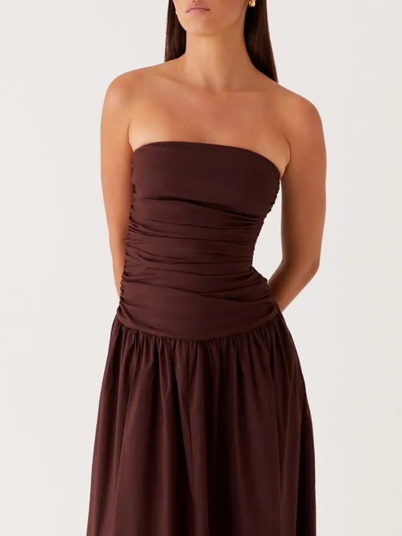 Elegant Off-Shoulder Strapless Long Dress for Women - Ruched Boat Neck, Sleeveless, Flowy A-Line Silhouette, Black & White Vertical Stripes, Perfect for Summer, Elegant Event Wear | Offshoulder Fashion | Ruched Design, Cute Dresses