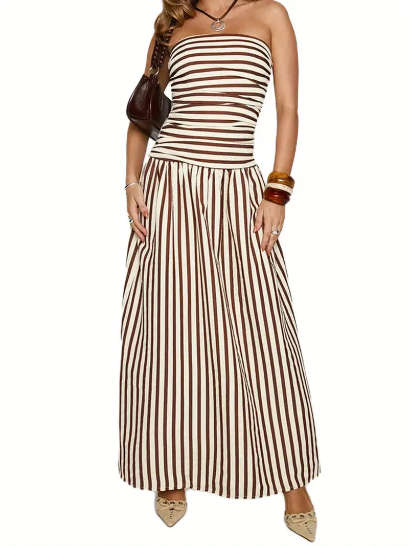Elegant Off-Shoulder Strapless Long Dress for Women - Ruched Boat Neck, Sleeveless, Flowy A-Line Silhouette, Black & White Vertical Stripes, Perfect for Summer, Elegant Event Wear | Offshoulder Fashion | Ruched Design, Cute Dresses