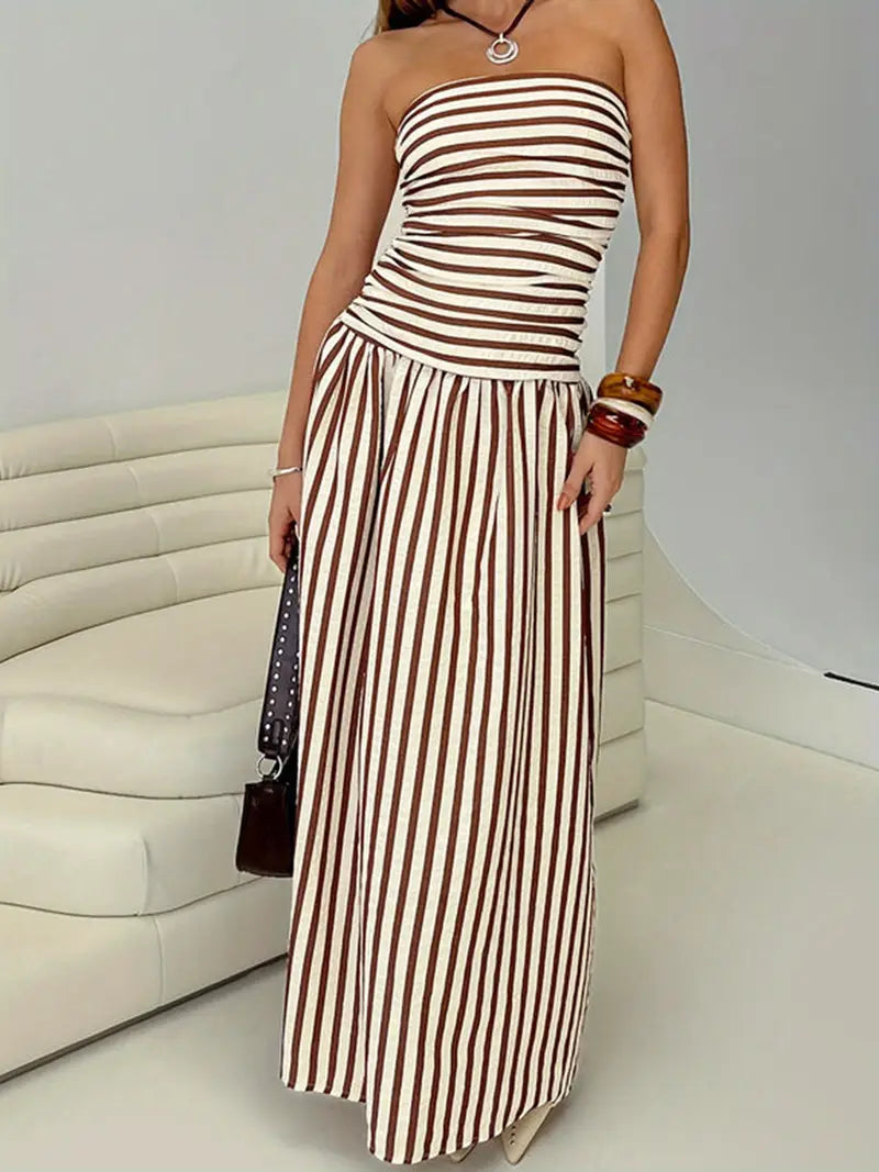 Elegant Off-Shoulder Strapless Long Dress for Women - Ruched Boat Neck, Sleeveless, Flowy A-Line Silhouette, Black & White Vertical Stripes, Perfect for Summer, Elegant Event Wear | Offshoulder Fashion | Ruched Design, Cute Dresses
