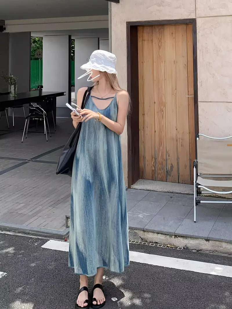 Women'S Vintage Tie-Dye Slip Dress - Loose, Summer Beach Coverup with Wide Neckline, Perfect for Tropical Getaways, Beach Coverup Dress | Relaxed Fit Dress | Tie Dye Pattern, Beach Clothes