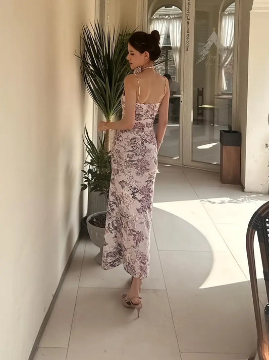 Women'S Floral Print V-Neck Camisole Dress - Sexy Off-Shoulder, Sleeveless, Long-Length, Bodycon, Summer Holiday Dress with White Heels, Holiday Dress | Floral Print Dress | Offshoulder Fashion, Floral Print Dress