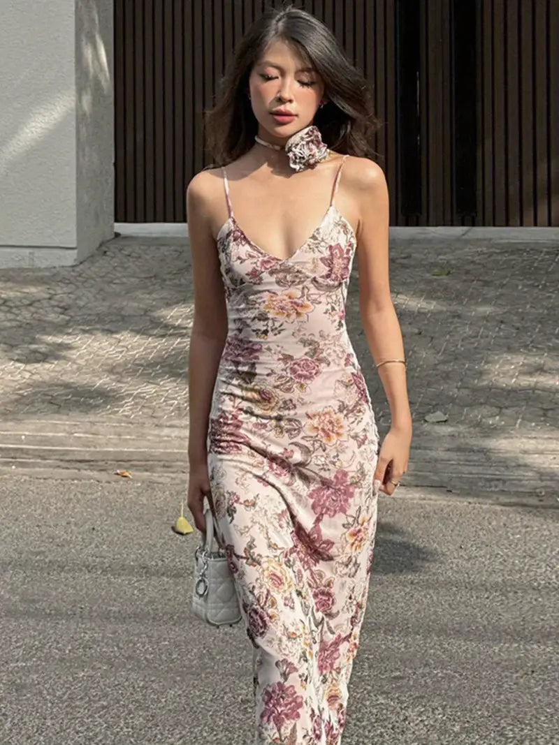 Women'S Floral Print V-Neck Camisole Dress - Sexy Off-Shoulder, Sleeveless, Long-Length, Bodycon, Summer Holiday Dress with White Heels, Holiday Dress | Floral Print Dress | Offshoulder Fashion, Floral Print Dress
